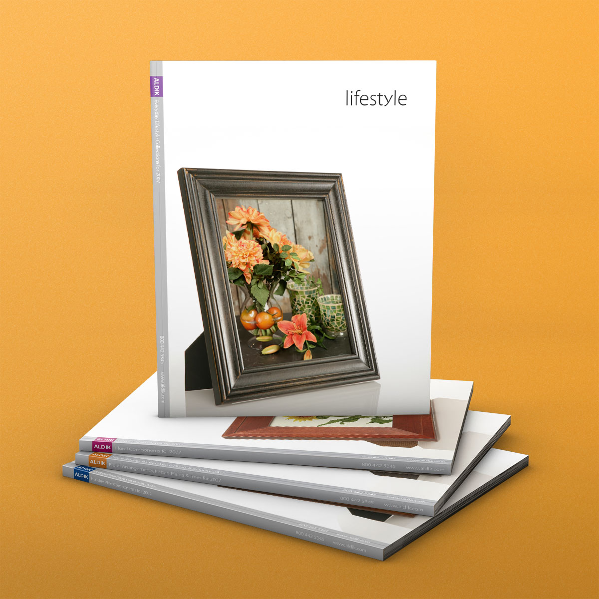 A thoughtfully stacked collection of artificial flower catalogs.