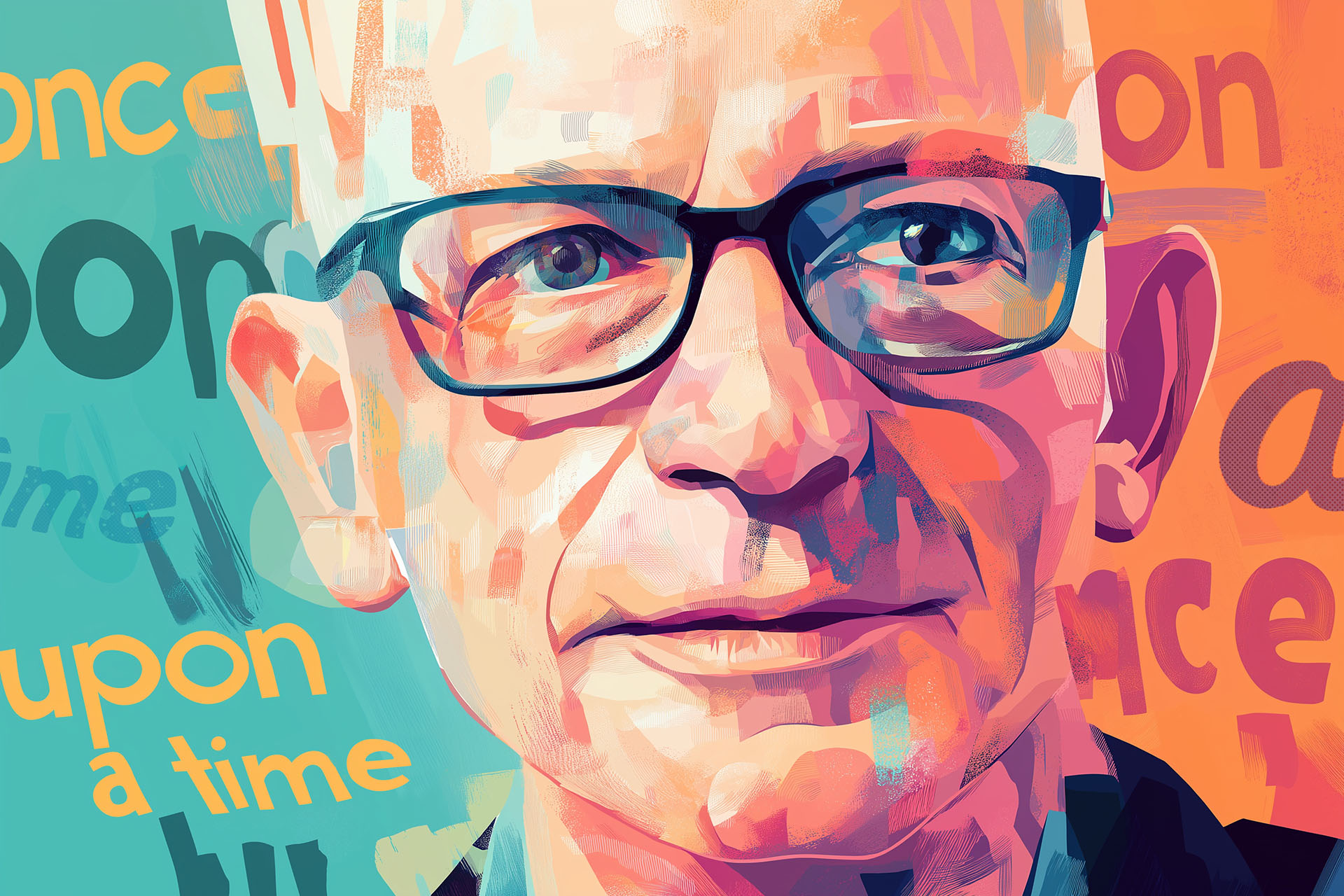 An illustration of Seth Godin with 'once upon a time' stylized in the background