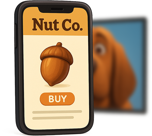An illustration of a mobile phone looking at the Nut Co. website with a TV in the background