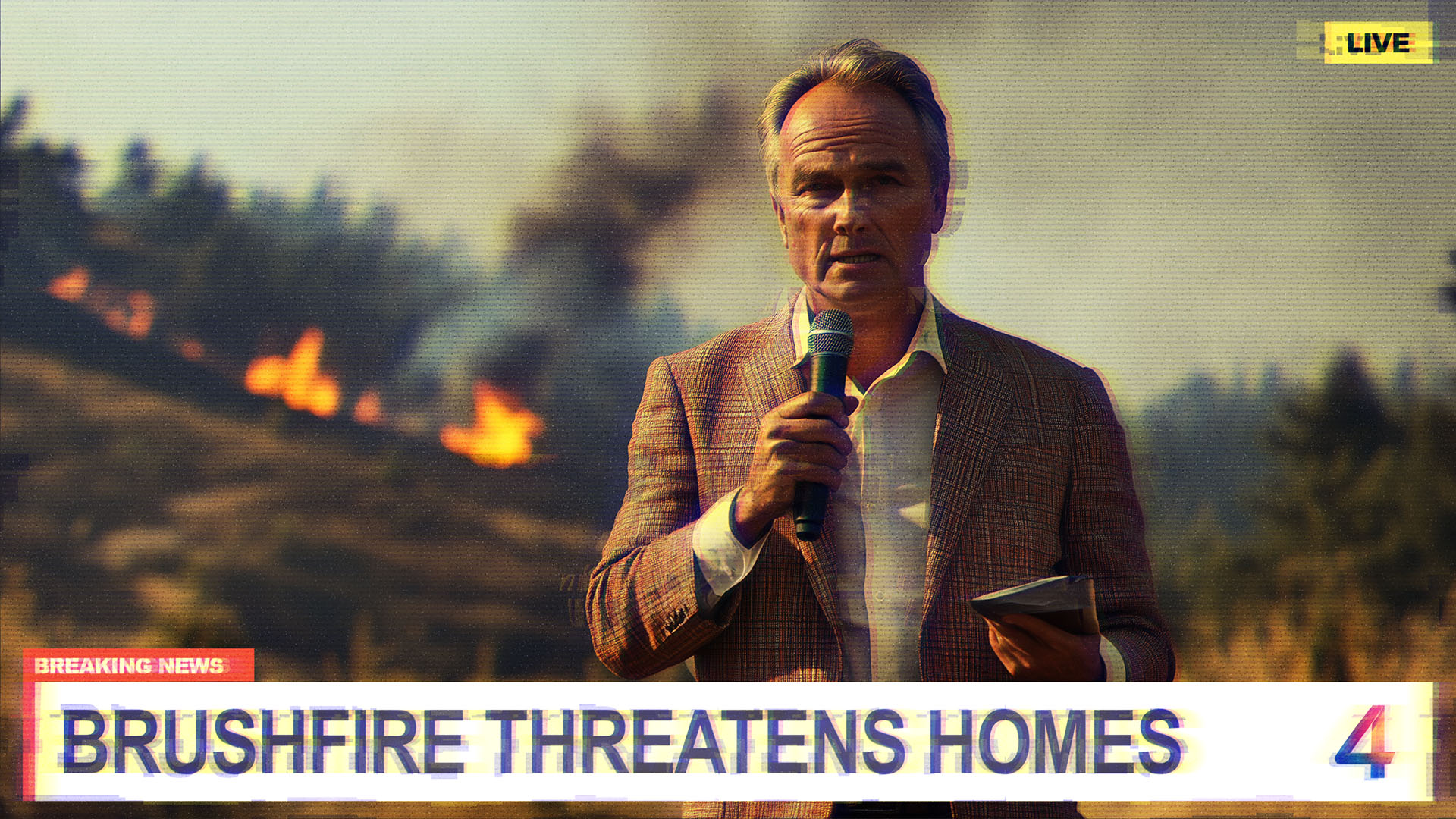 A TV reporter gives a report with a small wildfire in the background, all in front of a chyron that reads: Wildfire threatens homes.